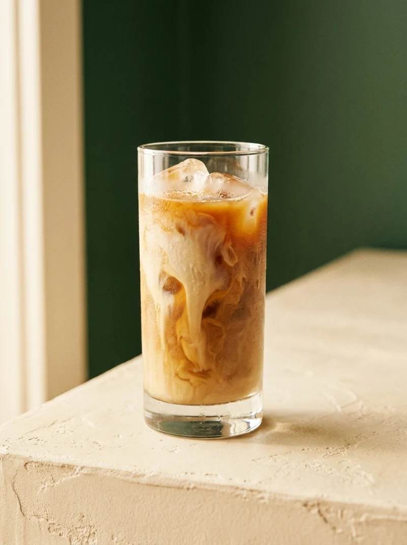 Iced latte with espresso moving through milk