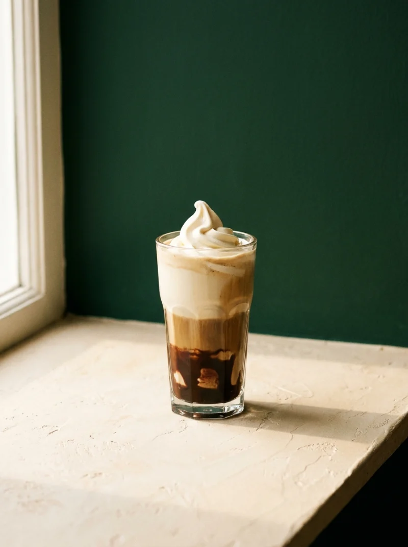 Layered mocha in a tall glass