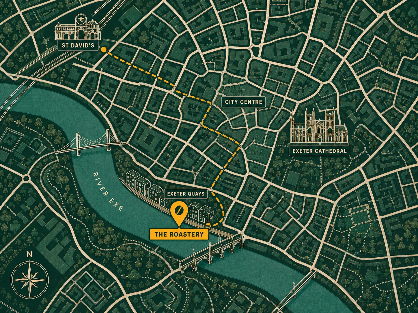 Illustrated map of Exeter showing the route from St David's station to the roastery counter