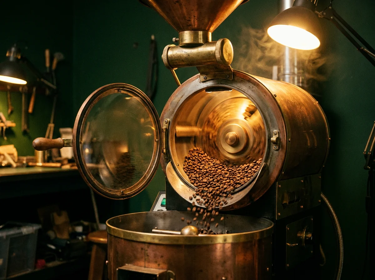 Coffee beans tumbling from a copper roasting drum